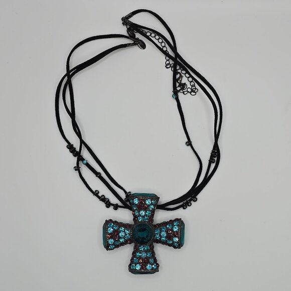 Vintage Black-tone Metal Blue Teal Amethyst Crystal Maltese Cross on Triple Cord - Picture 2 of 4